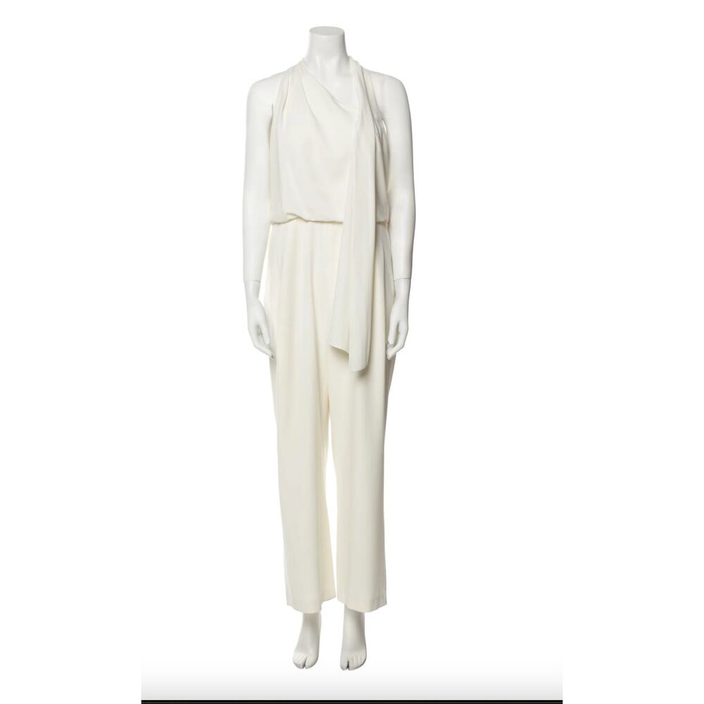 Halston Ivory Draped Halter Jumpsuit Size 4 Wide Leg Minimalist Evening Bridal